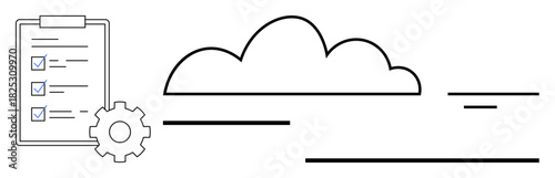 Cloud computing. Simplified cloud computing visual with checklist and gear elements to organization, data processing, and productivity. Cloud computing for IT, business, workflow management