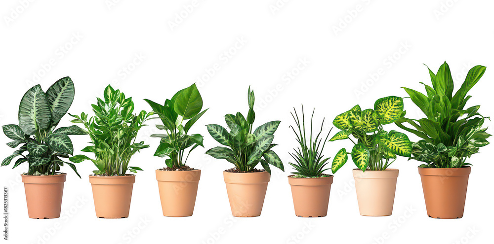 Obraz premium A arrangement of various indoor plants in terracotta pots. lush green leaves and diverse textures. set against a clean white background. perfect for home decor inspiration