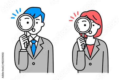 虫眼鏡を覗く中年のスーツの男女　セット