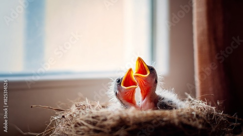 pragmatism. Newborn birds in nest with open beaks, soft morning light. wildlife magazines, conservation campaigns, designed for wildlife conservation campaigns.
