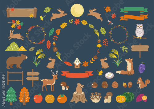 お月見と秋の動物のイラストセット