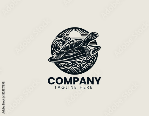 Surfing Turtle black vector logo illustration