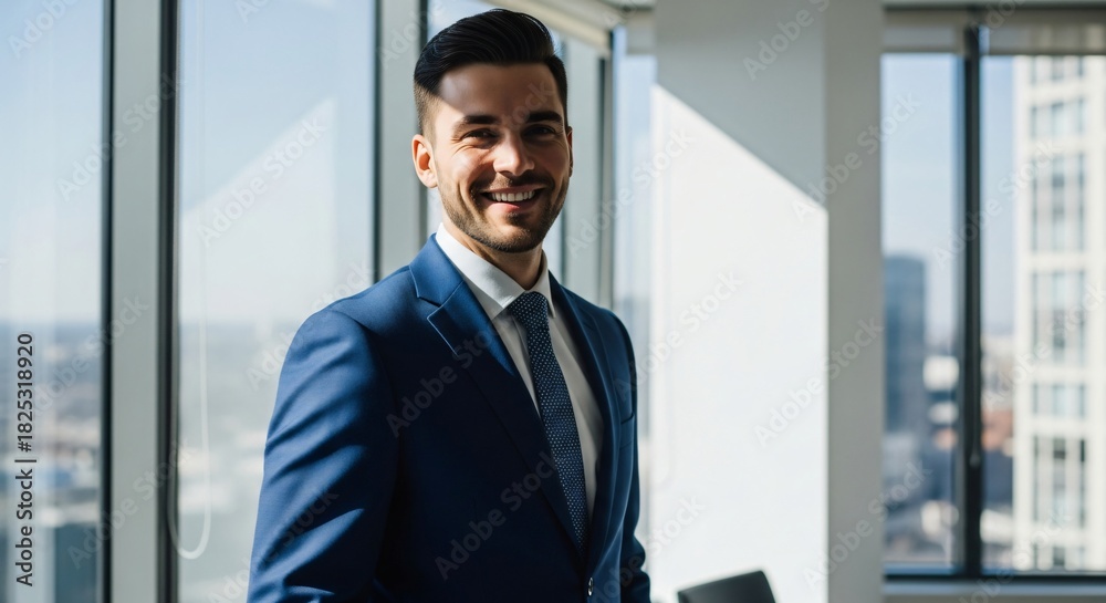 Fototapeta premium Smiling Young Businessman in Suit Standing by City Window – Corporate Success Portrait