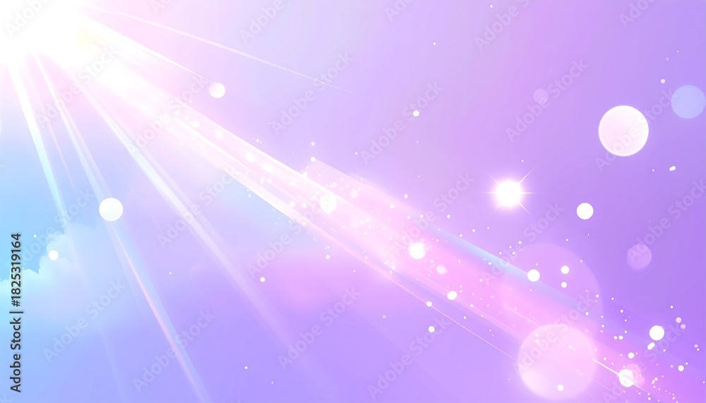 Fototapeta premium Delicate Purple and Pink Light Streaks Background with Glowing Sun Flare and Floating Bokeh Particles