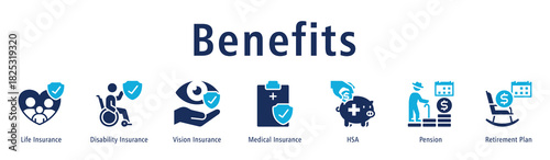 Benefits  Web Banner Duotone icon vector illustration concept with icon of life insurance, disability insurance, vision insurance, medical insurance, hsa, pension, and retirement plan