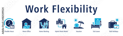 Work Flexibility Web Banner Duotone icon vector illustration concept with icon of flexible hours, home office, home working, hybrid work model, vacation, and sick leave