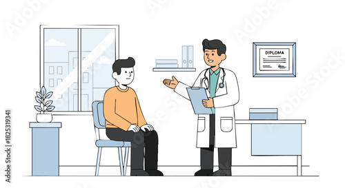Male Doctor in a White Coat Consulting a Patient in a Bright, Modern Medical Office.
