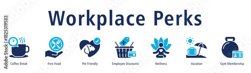 Workplace Perks Web Banner Duotone icon vector illustration concept with icon of coffee break, free food, pet friendly, employee discounts, wellness, and vacation