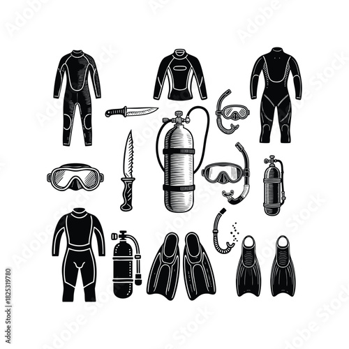 Vintage engraving illustration set of professional scuba diving and snorkeling equipment
