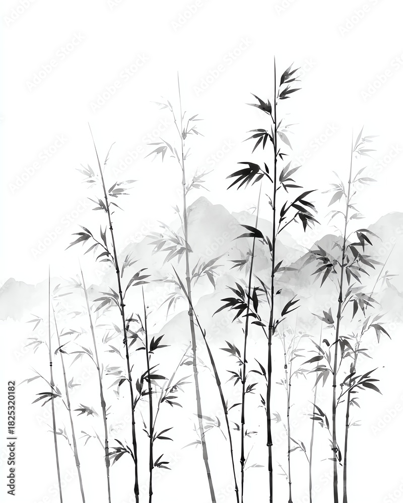 Fototapeta premium Bamboo grove silhouettes with overlapping vertical rhythm, subtle mountain haze behind, monochrome ink-wash aesthetic, tranquil zen composition, ample top white space