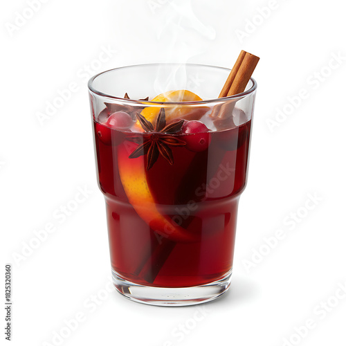 Sweet red cranberry juice with spices and fresh fruit is an isolated cool alcoholic beverage in a glass