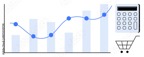 Bar graph with ascending columns, trend line with data points, calculator, and shopping cart. Ideal for data analysis, finance, e-commerce, business planning growth budgeting marketing. Simple