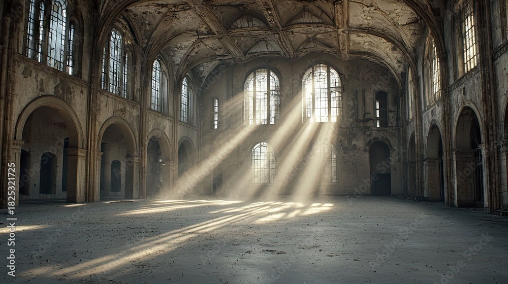 Fototapeta premium An empty, dilapidated hall with crumbling walls and a vaulted ceiling, illuminated by dramatic sunbeams streaming through arched windows, creating a dusty, atmo