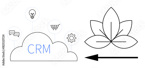CRM concept. CRM cloud with business icons thumbs up chat, shopping cart, gear, and lightbulb. CRM supporting customer relationship management and business functions. For enterprise, organization