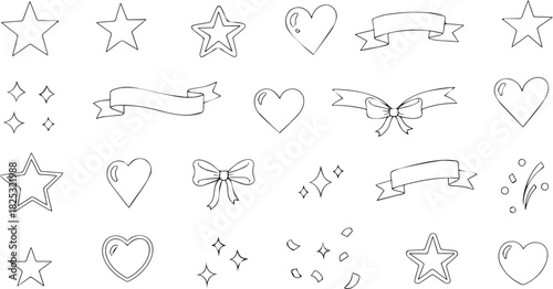 Collection of hand drawn doodle icons featuring stars, hearts, ribbons, and sparkles