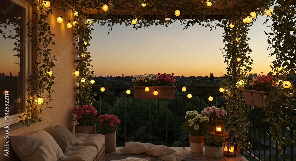 Naklejka premium Cozy Balcony Oasis with String Lights at Sunset