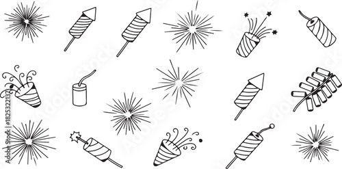Collection of hand drawn firework and firecracker icons