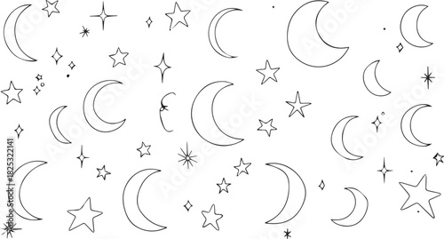 Collection of hand drawn crescent moon and star doodle elements for celestial design