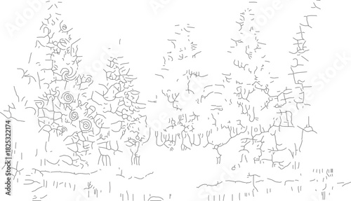 Stylized sketch of evergreen trees in a forest setting.