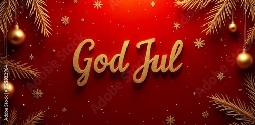 God Jul Swedish gold foil text on rich red julkort with gold details, elegant Scandinavian Christmas greeting