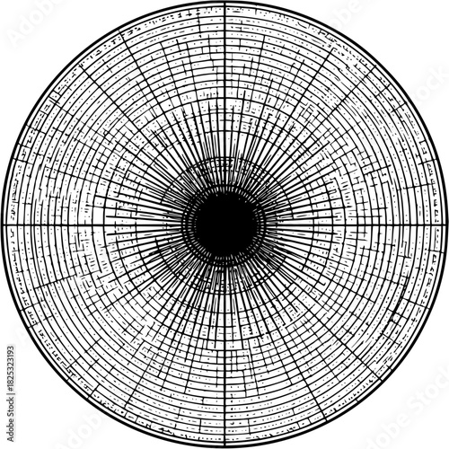 Circular diagram with radial and concentric lines forming a grid pattern around a central black hole