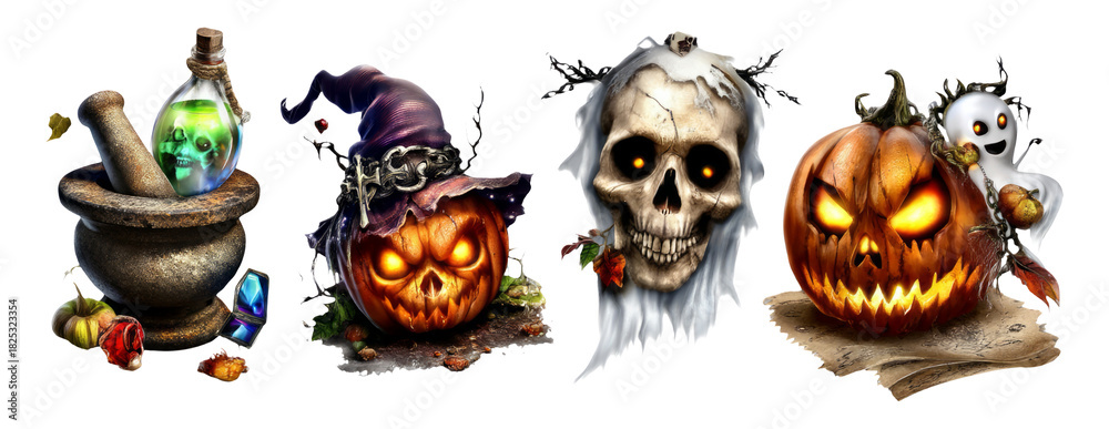 Fototapeta premium Dark Alchemy Tools and Creepy Halloween Elements for Spooky Designs