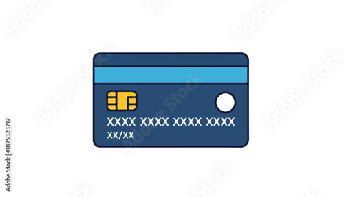 Illustration of a dark blue credit card with a blue stripe, chip, fake numbers, and expiration date on a white background.