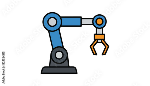 Illustration of a blue and orange robotic arm with a claw, isolated on a white background.