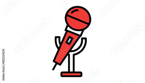 Red microphone icon on a stand, outlined in black, against a white background.