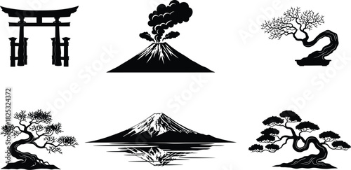 A Japanese landscape silhouette featuring torii gates mountains bonsai trees and natural elements in traditional minimalist style

