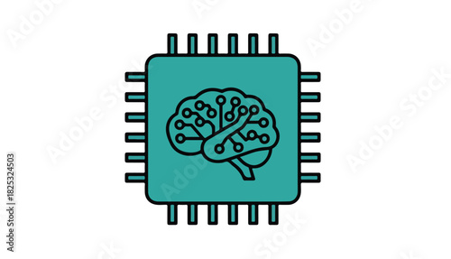 Teal-colored illustration of a brain inside a computer chip, symbolizing artificial intelligence and technological advancement.