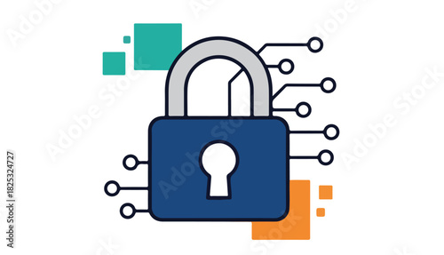 Digital padlock illustration with circuit board elements, representing security and protection.