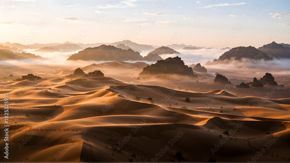 Naklejka premium Złote wydmy pustyni o wschodzie słońca