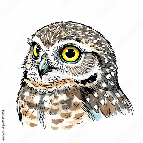 A detailed, hand-drawn artistic illustration of a burrowing owl's head with large yellow eyes on a white background.