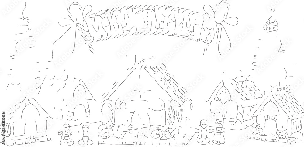 Obraz premium Whimsical Village Scene with Festive Banner and Cozy Huts.