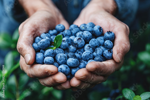 Fresh blueberries held in human hands showing healthy fruit