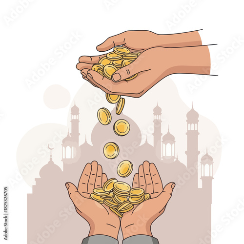 Illustration of hands giving coins symbolizing Islamic charity.