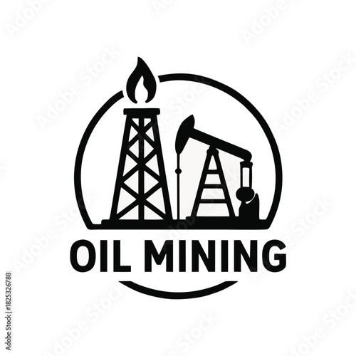 Minimalist black industrial logo featuring an oil mining theme. Includes a solid silhouette of an oil derrick tower with a flame on top and a pump jack machine inside a circular frame.eps