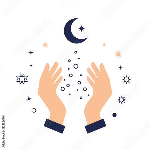 Hands Raising in Prayer Under Crescent Moon