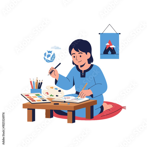 Child Drawing Ramadan Lanterns and Moon