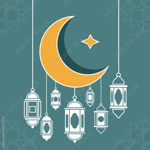 Crescent Moon with Colorful Hanging Lanterns