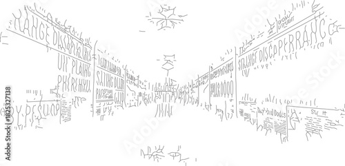 Sketch of a bustling street scene with buildings and people.