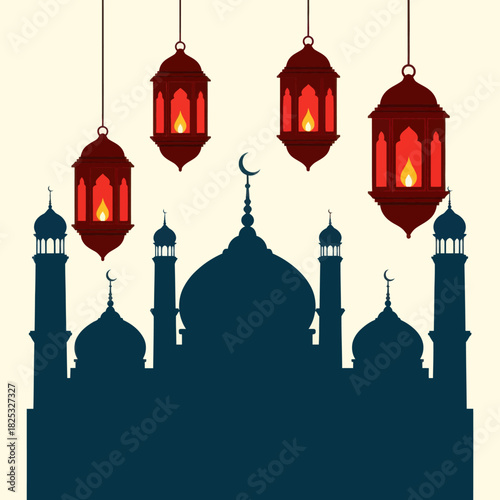 Mosque with Red Ramadan Lanterns