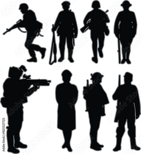 Military silhouettes, soldier formation, civilian contrast, rifle stance, war theme, vector graphic, bold, dark, symbolic, art