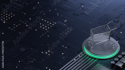 Digital Art Depicting Shopping Cart on High - Tech Circuitry to Illustrate Online Shopping and Technology - Driven Commerce Trends
