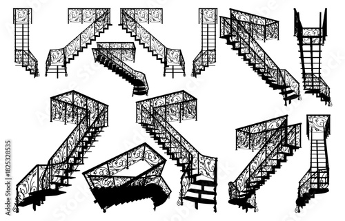 Staircases Vector. Decorative Stairs With Retro Vintage Ornamental Wrought Iron Railing. Illustration Isolated On White Background. 