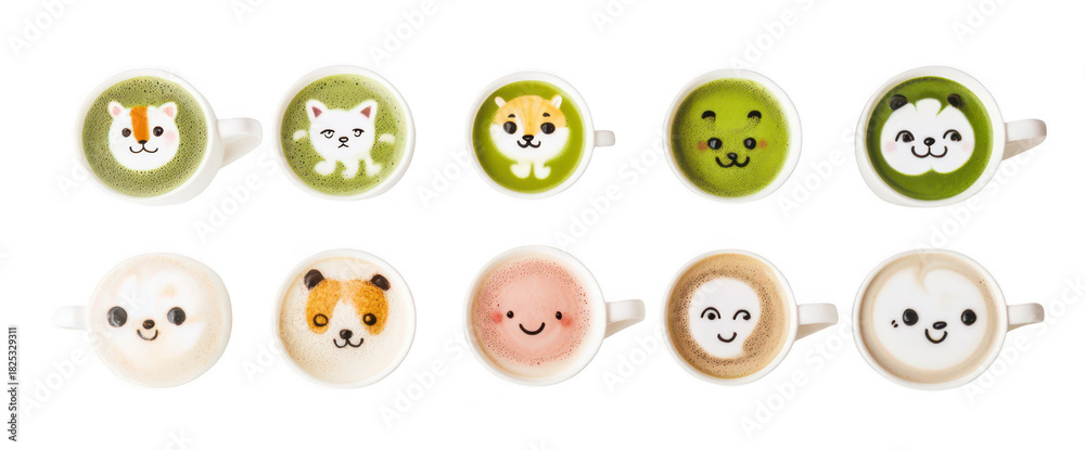Fototapeta premium A delightful arrangement of artistic latte art featuring cute animal designs in green and brown beverages. set against a clean white background. perfect for a caf? or food blog