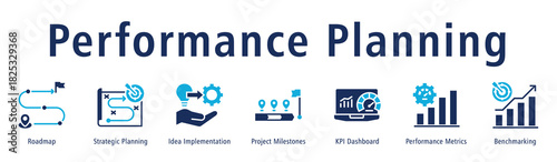 Performance Planning web banner icon vector illustration concept with icon of roadmap, idea implementation, project milestones, KPI dashboard, performance metrics, benchmarking, and planning.