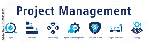 Project management web banner icon vector illustration concept with icon of agile, waterfall, methodology, operations management, quality assurance, project milestones, and synergy.