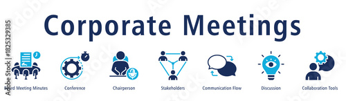 Corporate meetings web banner icon vector illustration concept with icon of board meeting minutes, chairperson, stakeholders, communication flow, discussion, conference, and collaboration tools.